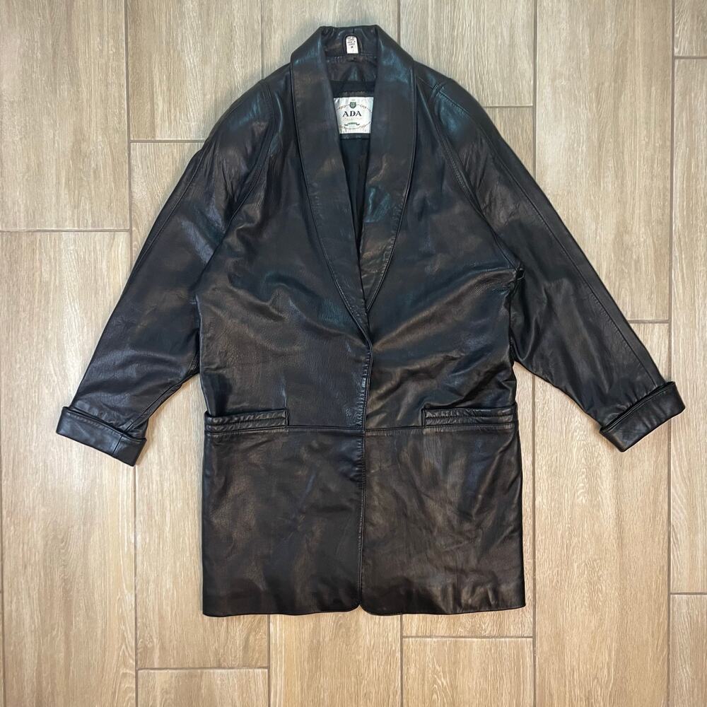ADA Collection Leather Coat Womens M Black Long Blazer Jacket 90s Vintage